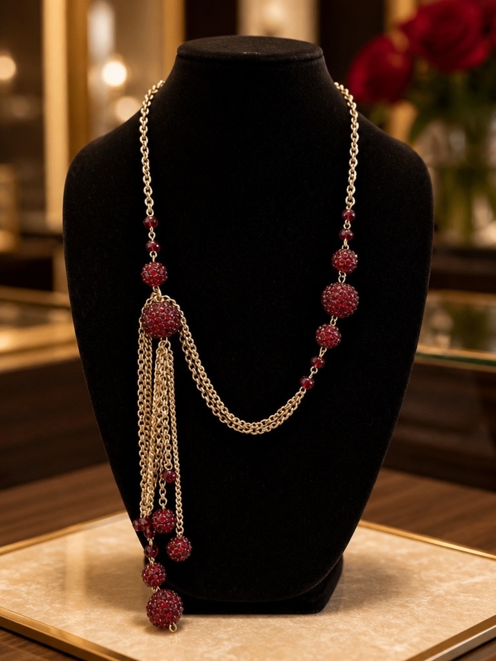 Elegant Gold Chain Necklace with Red Beaded Tassels